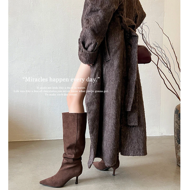 （叁熹）6.5cm-8.5cm跟高及膝齐膝百搭简约辣妹显瘦尖头堆堆长靴