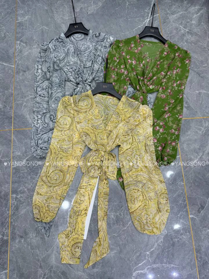 6536#新品乔其纱碎花绑带一片式上衣