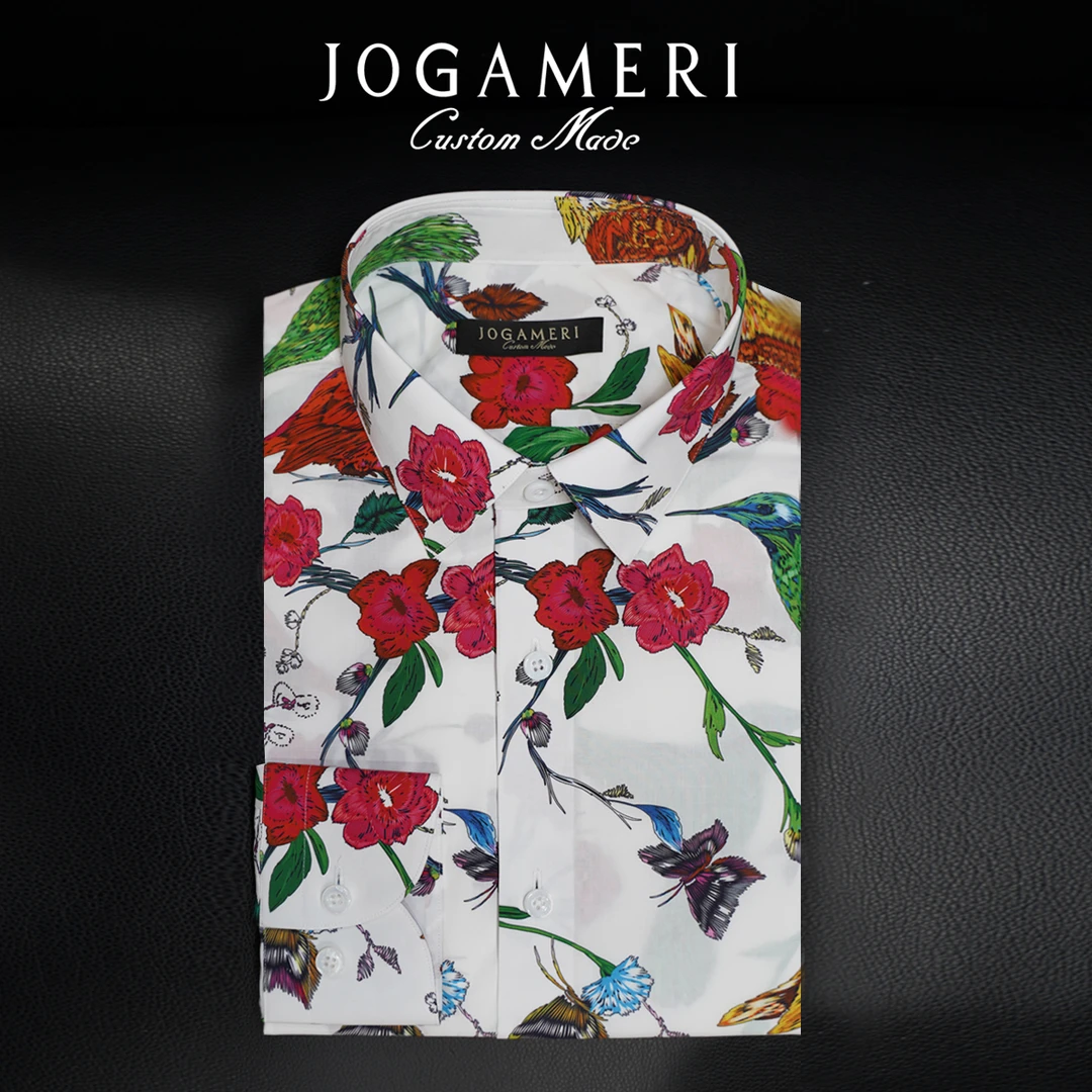 赤焰花鸟 ｜ 印花弹力棉长袖衬衫 夏季薄款透气修身衬衣