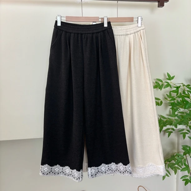 蕾丝拼接花边阔腿裤女加厚加绒