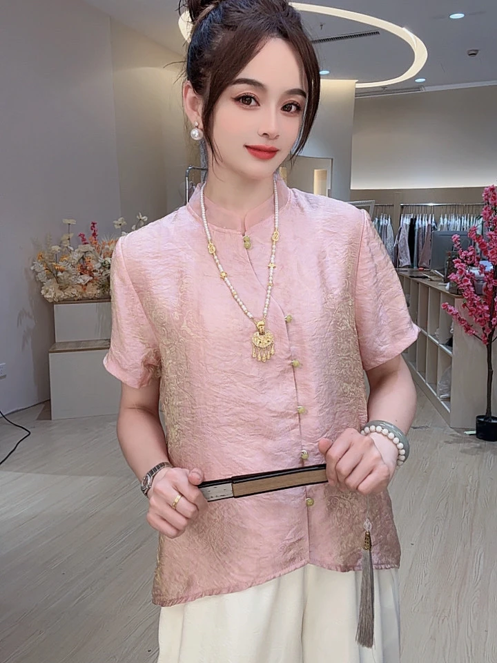 【诗嫣】夏季新款中式国风百搭休闲宽松荷叶领时尚气质短袖小衫