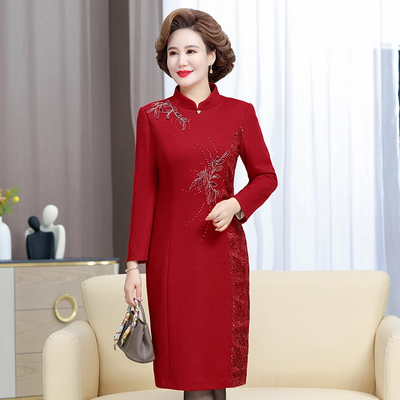 冬季结婚妈妈装喜婆婆保暖加厚羊毛呢婚宴礼服婚礼红色旗袍连衣裙