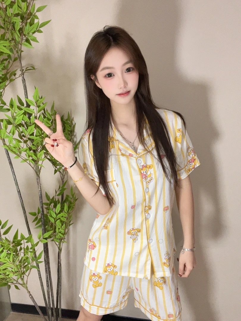 2025新款春秋季网红爆款薄款云朵棉甜美睡衣短袖短裤家居服套装