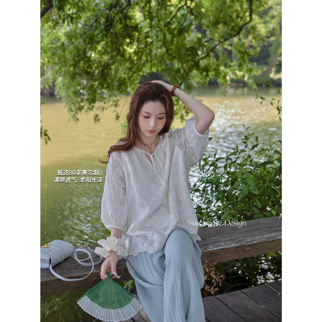 柳絮｜通勤~天丝&重工棉线刺绣《棉绘浪漫》宽松版衬衫女上衣夏季