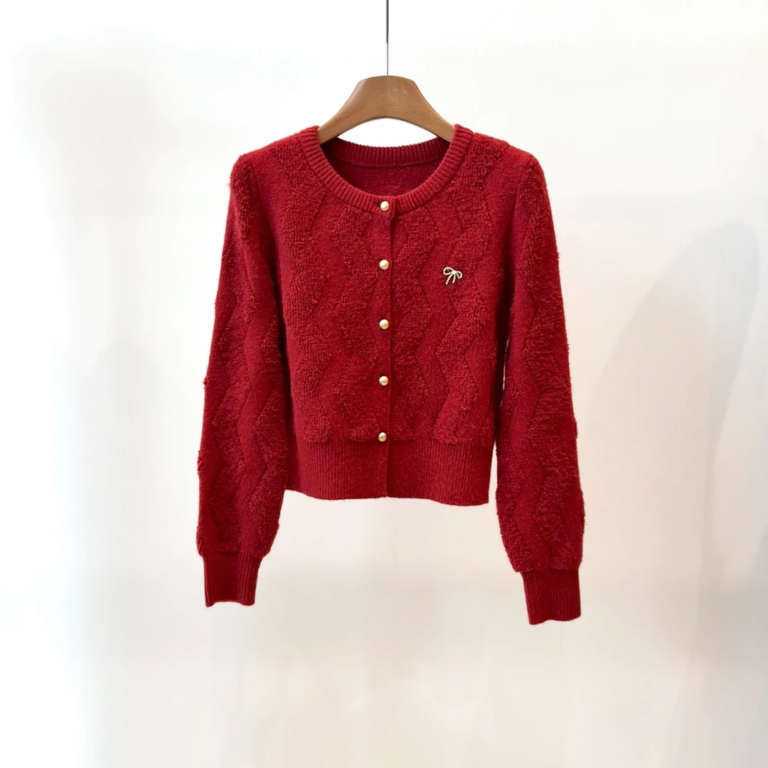 开衫时尚排扣圆领秋季女士时尚红色女装短款长袖针织衫b507