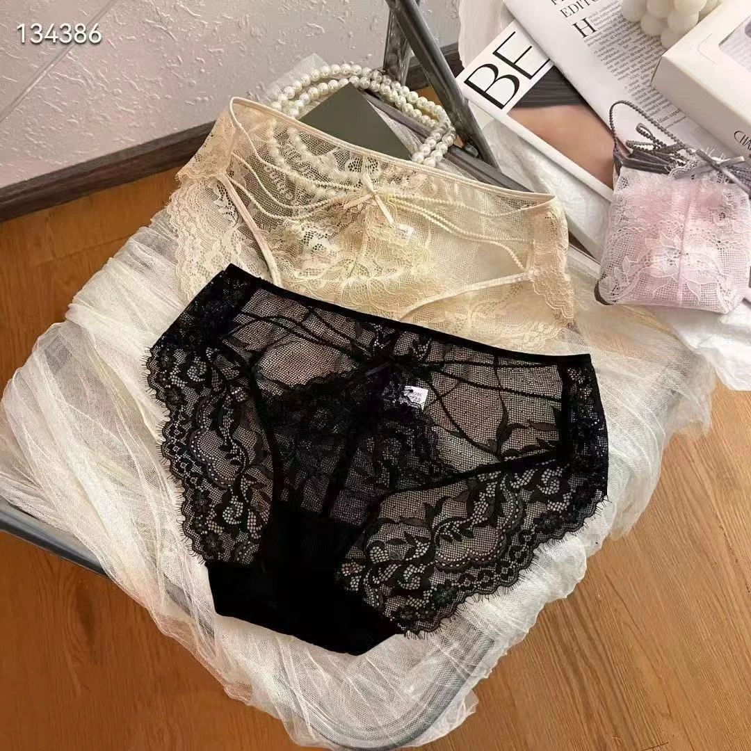 中腰性感蕾丝网纱镂空大包臀女士三角内裤3条装