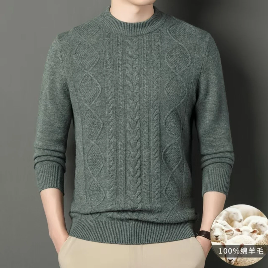 【450克】男士100纯羊毛衫加厚冬季新款圆领重工麻花绞花保暖毛衣