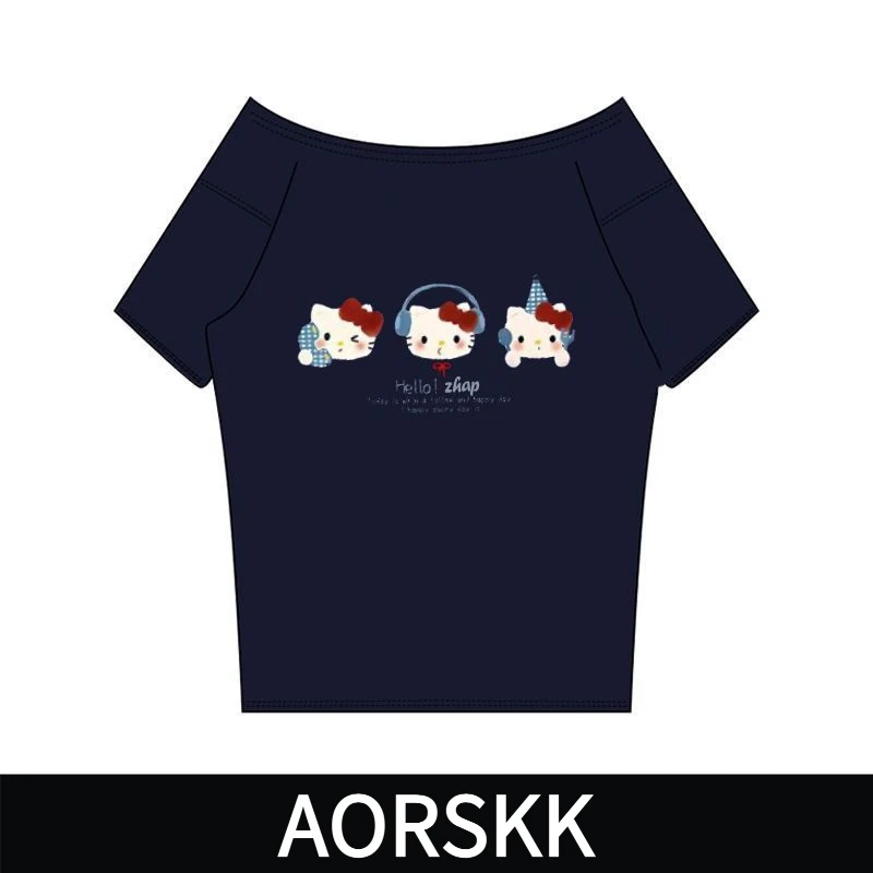 【AORSKK】夏季新款一字肩宽松短袖t恤女藏青色多巴胺宽松百搭上衣