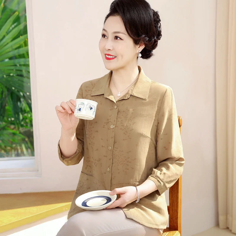 奶奶春装衬衫洋气老太太国风上衣老年人九分袖衣服妈妈春夏薄外套