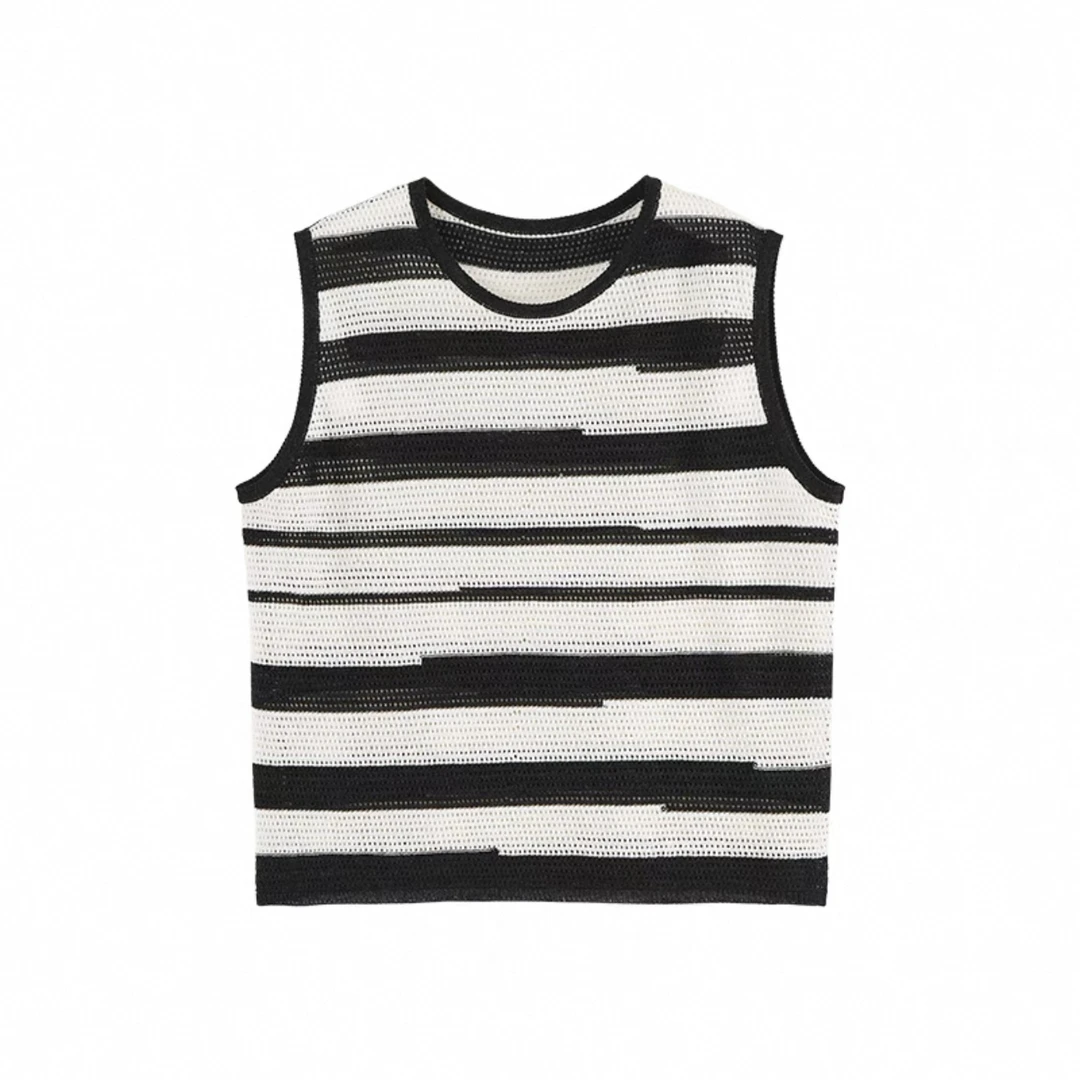 1505原创设计亚麻棉镂空提花不规则条纹针织无袖清凉上衣