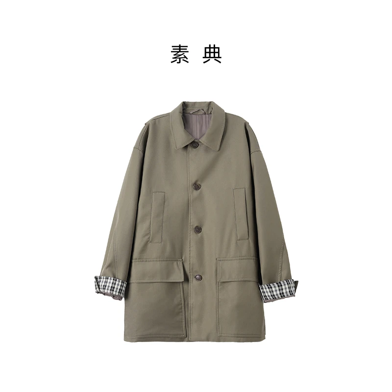 女中长款长袖翻领极简全棉女风衣春秋秋冬风衣卡其cs