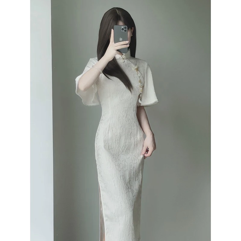 米白旗袍2024年夏季新款新中式年轻款少女高端气质连衣裙改良礼服