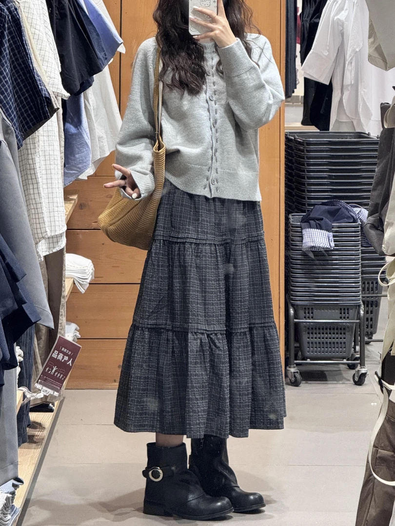 年终狂欢季2025秋季韩系小个子灰色圆领针织开衫外套高腰格纹拼接