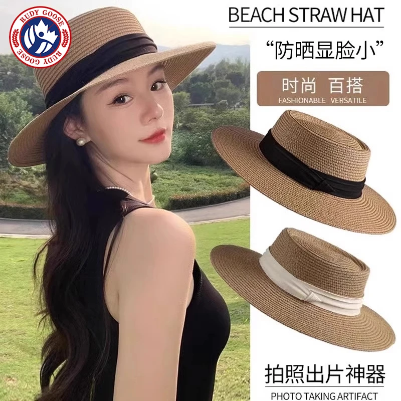 RUDY GOOSE法式平顶草帽女夏季大头围海边沙滩礼帽编织防晒太阳帽