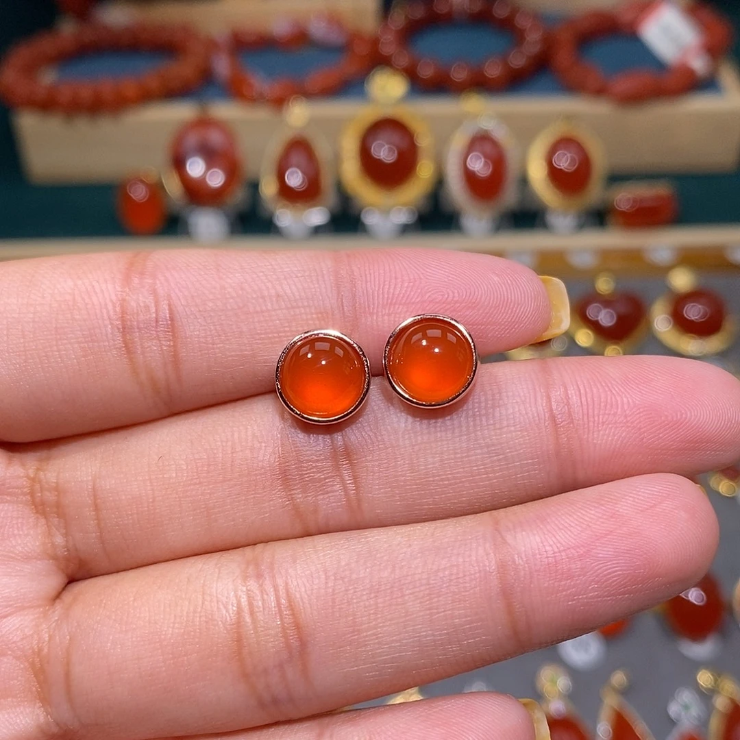 南红玛瑙银S925镶嵌耳饰