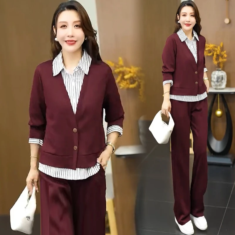 时尚休闲套装女秋季新款洋气显瘦条纹拼接假两件上衣阔腿裤两件套