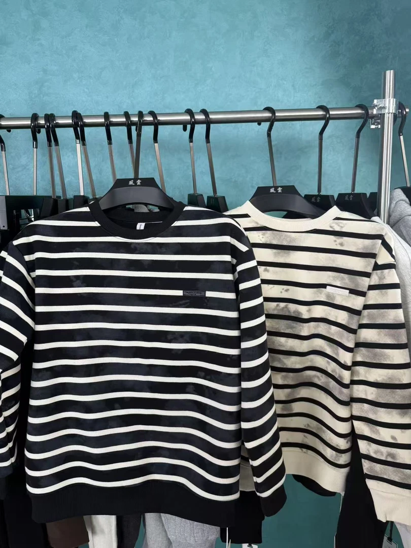 长袖卫衣男条纹男士米咖圆领卫衣男士上衣潮流圆领宽松百搭休闲