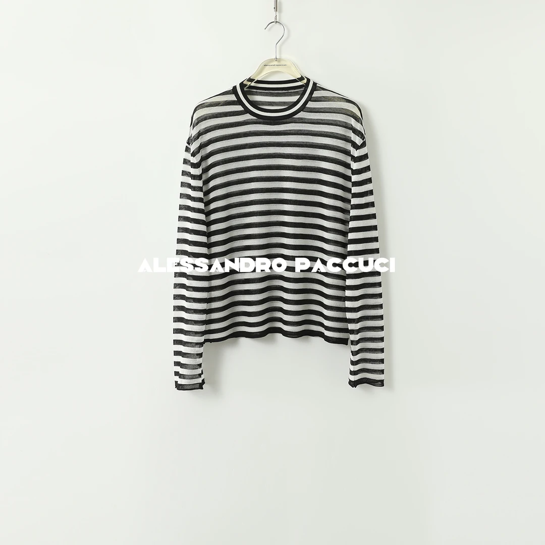 【孤品特价不退不换】洛哥42075ST【纸片人】亚麻黑白条纹针织上衣