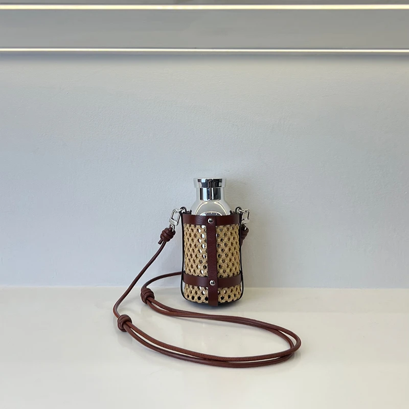 CaitinKaie--真皮草编织不锈钢保温杯1698便携户外水壶斜挎旅行杯