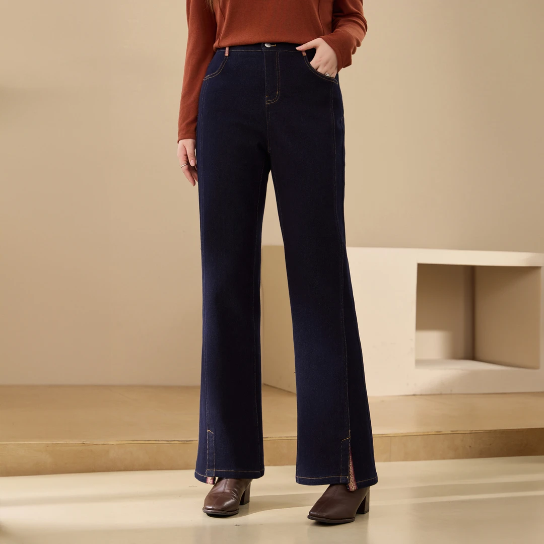 【超模微喇裤】纤莉秀大码女装流光风抓毛加厚防寒牛仔裤QK3389