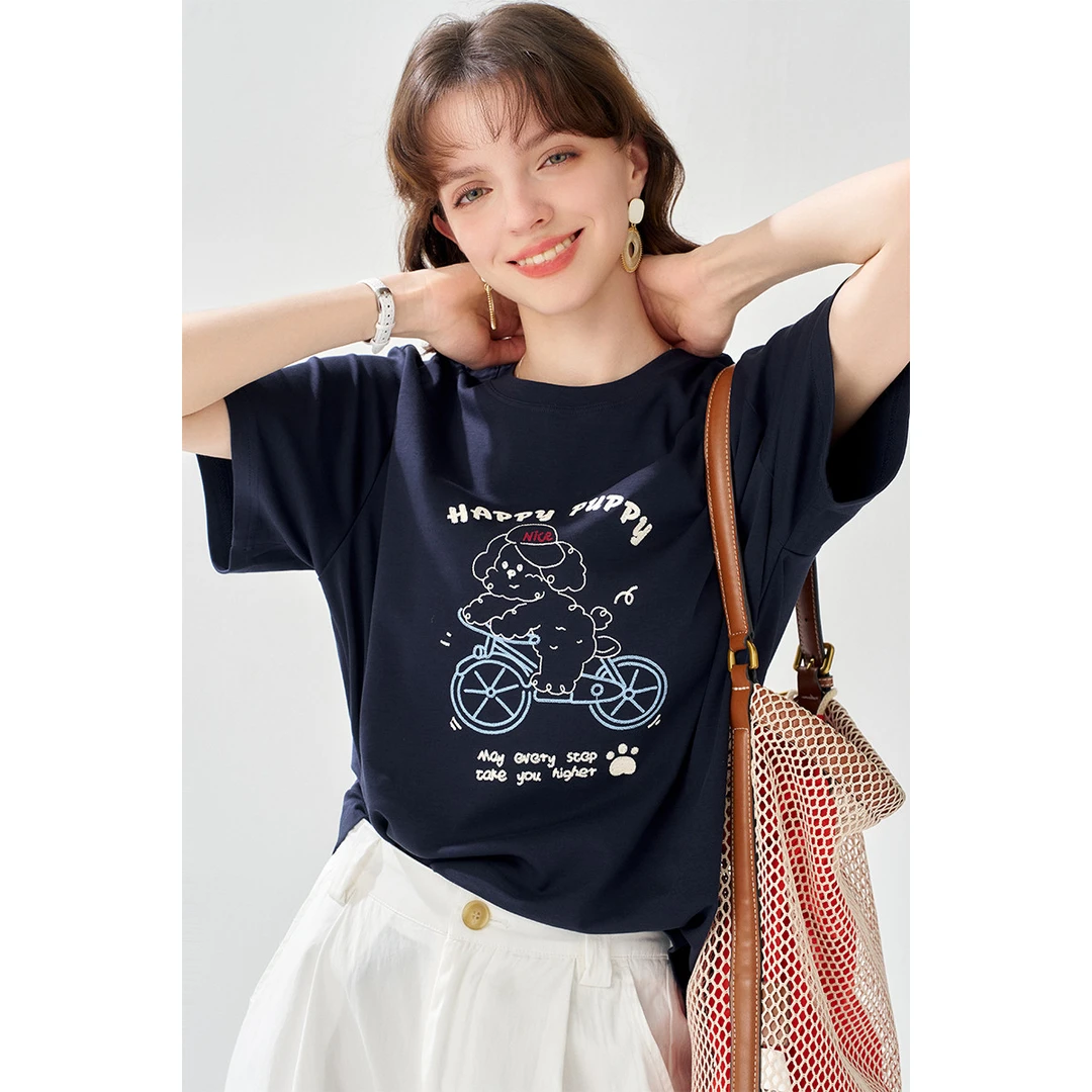 2025夏款卡通小狗字母刺绣短袖上衣显瘦减龄百搭T恤女