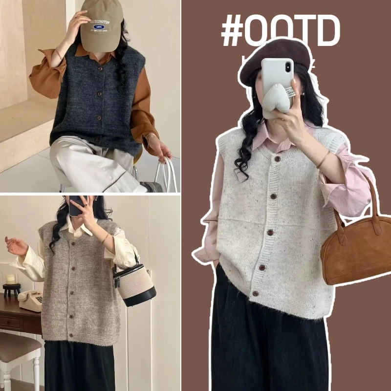 孕妇装孕妇针织开衫马甲秋季孕妇复古秋冬装圆领百搭叠穿无袖背心