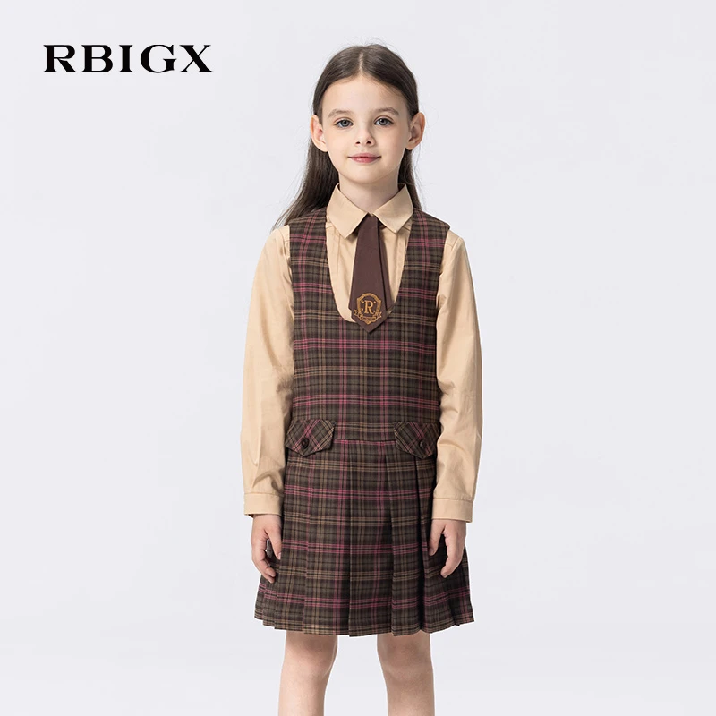 RBIGX瑞比克童装2025秋季新款优雅甜美粉咖格百褶连衣裙LY4CR2749