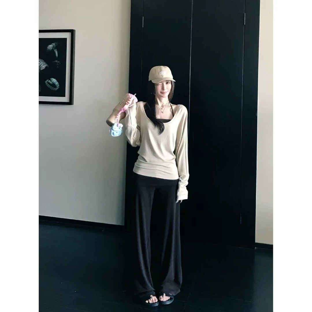 大码胖MM‘姐系松弛’纯欲风长袖T恤慵懒长袖T恤挂脖背心长裤三件套