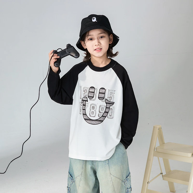 【2025秋款上新】男童T恤儿童春秋季薄款拼色长袖中大童洋气打底衫