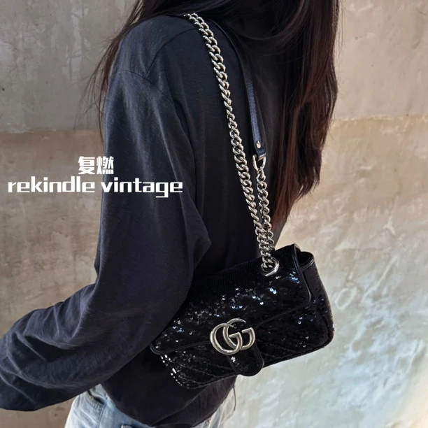 95新 GUCCI/古驰 复燃精选/黑银亮片马蒙22单肩斜挎包