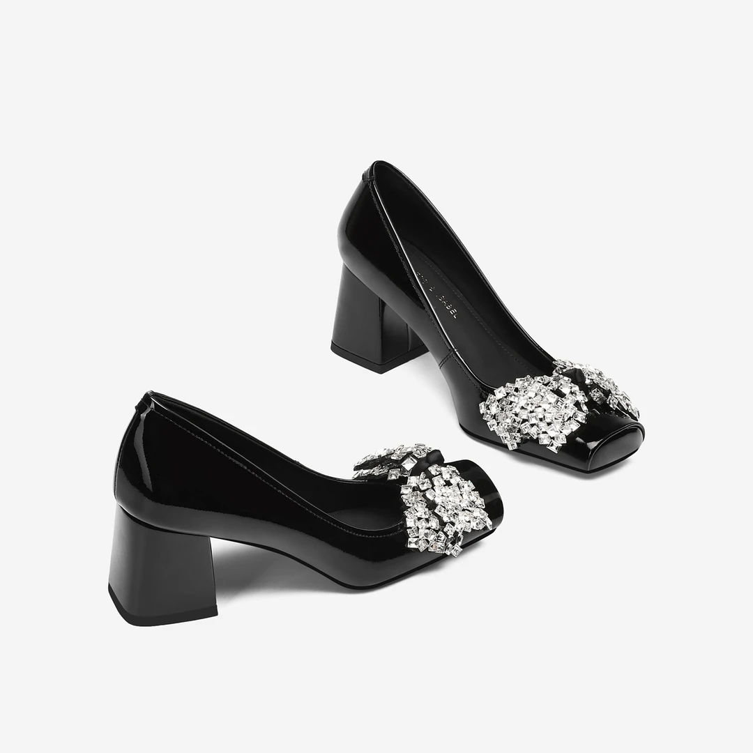 气质白色浅口单鞋女2025秋季新款水钻蝴蝶结方头真皮粗跟高跟鞋子