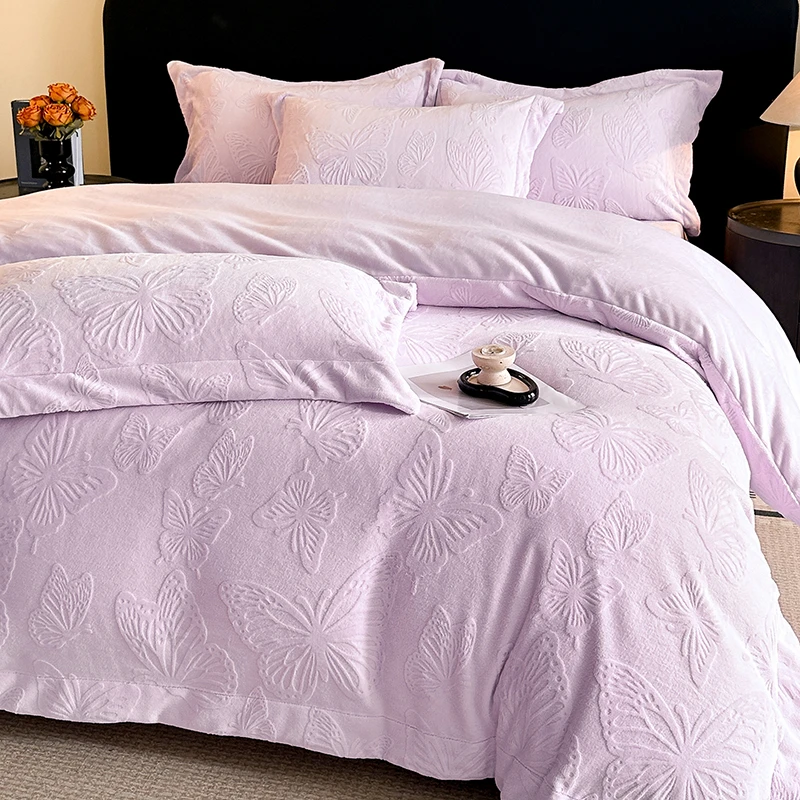 富安娜A类雕花绒四件套加厚牛奶绒被套床单床笠秋冬宿舍床上用品4