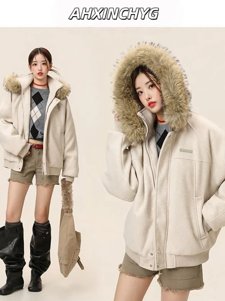 【座山雕毛领连帽】休闲毛呢拼接棉衣冬季保暖棉服情侣男女同款外套