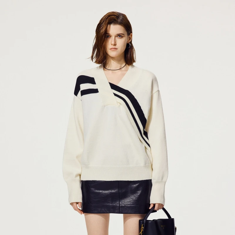 U/TI黑白条纹不规则领口毛衣女百搭简约毛衫上衣