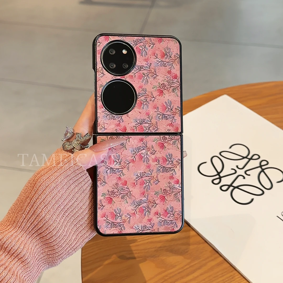 适用【华为P50POCKET】新品碎花支架小羊皮折叠高质感防摔手机壳女