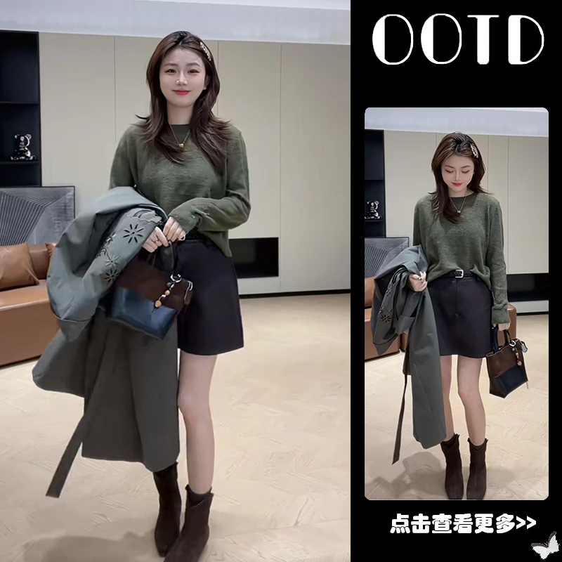 早秋穿搭一整套女2025新款韩版绿色圆领针织毛衣高腰短裙两件套