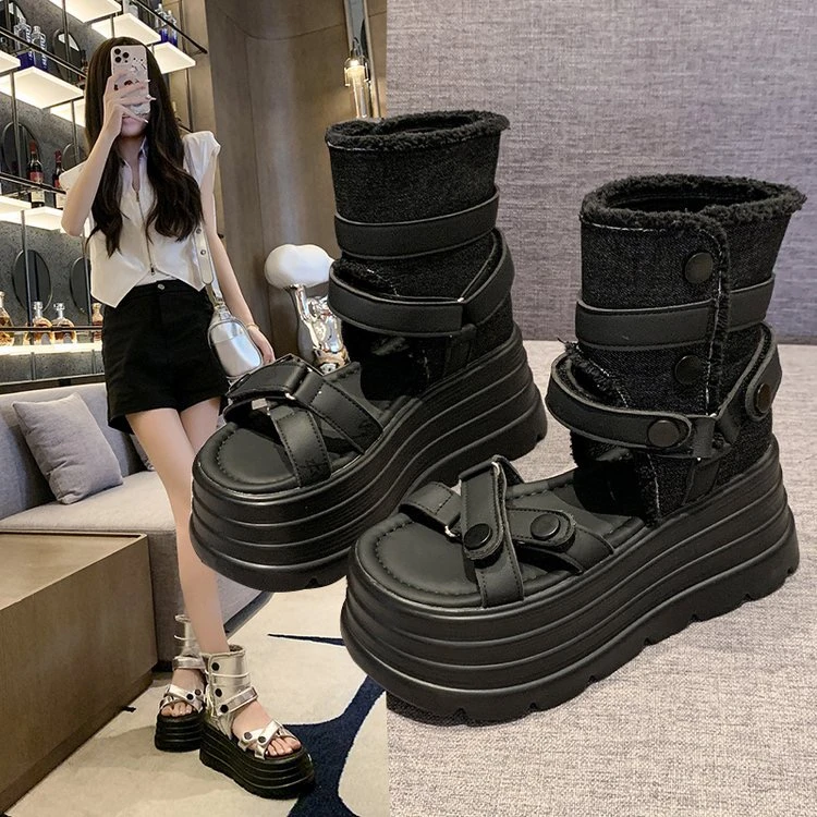 夏季露趾凉靴女鞋2025新款松糕厚底罗马凉鞋小个子个性裤管靴短靴