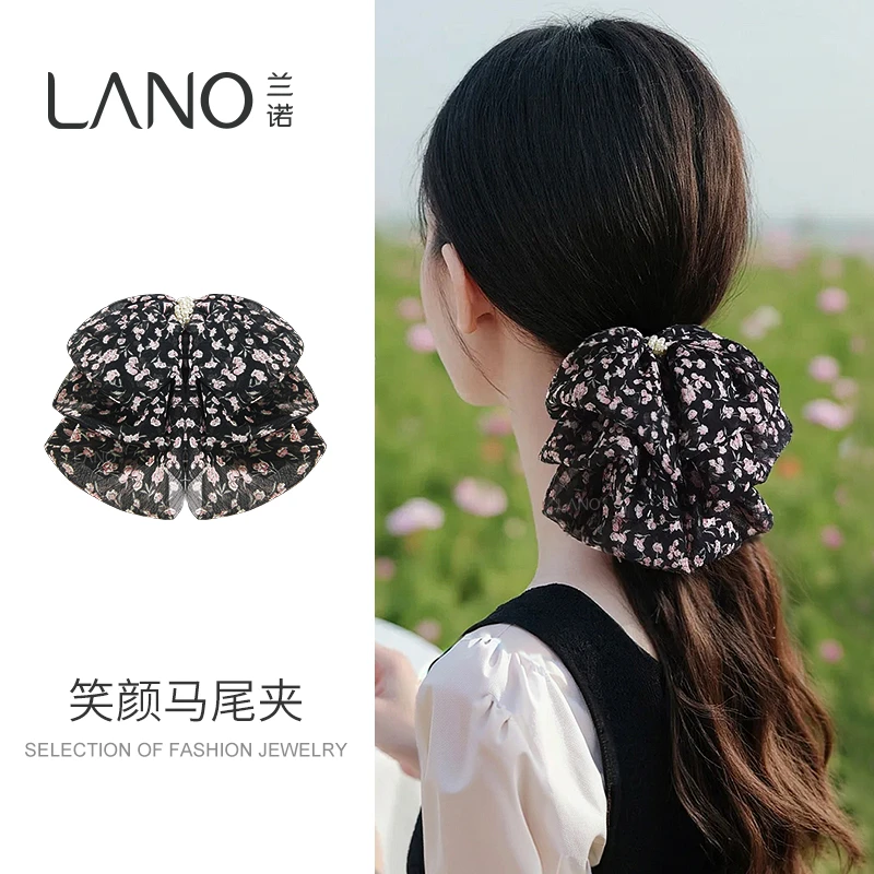 兰诺【笑颜】粉色碎花蝴蝶结抓夹气质甜美韩国小众设计高级感发饰