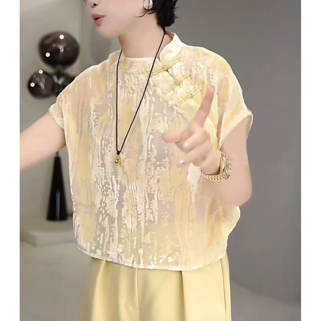 夏季新款圆领新中式提花薄款盘扣短袖上衣复古