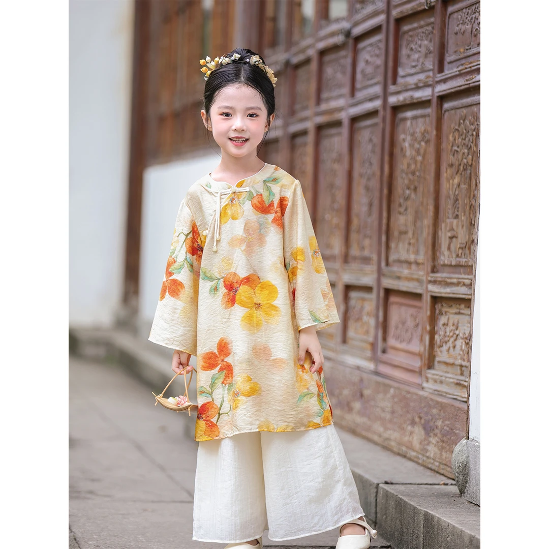 月桂-女童新中式旗袍2025新款夏季女孩国风套装