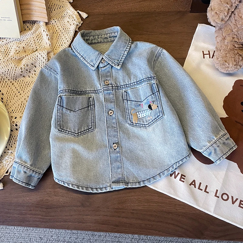 CY257275儿童牛仔衣2025春季新款中小童可爱卡通小狗印花长袖衬衣