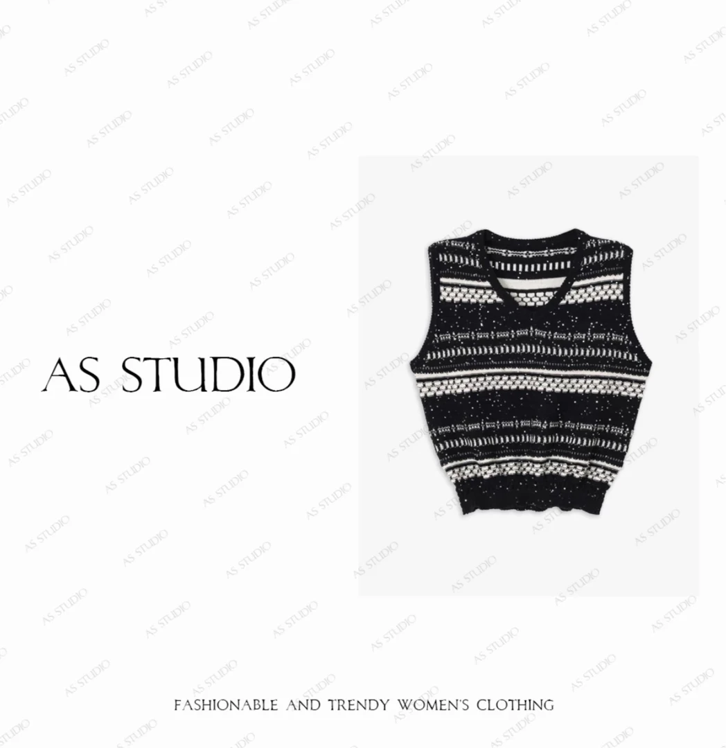 【AS星空顶】铭顺25新双色交织珠片纱V领叠穿针织马甲AS25QMJ00456