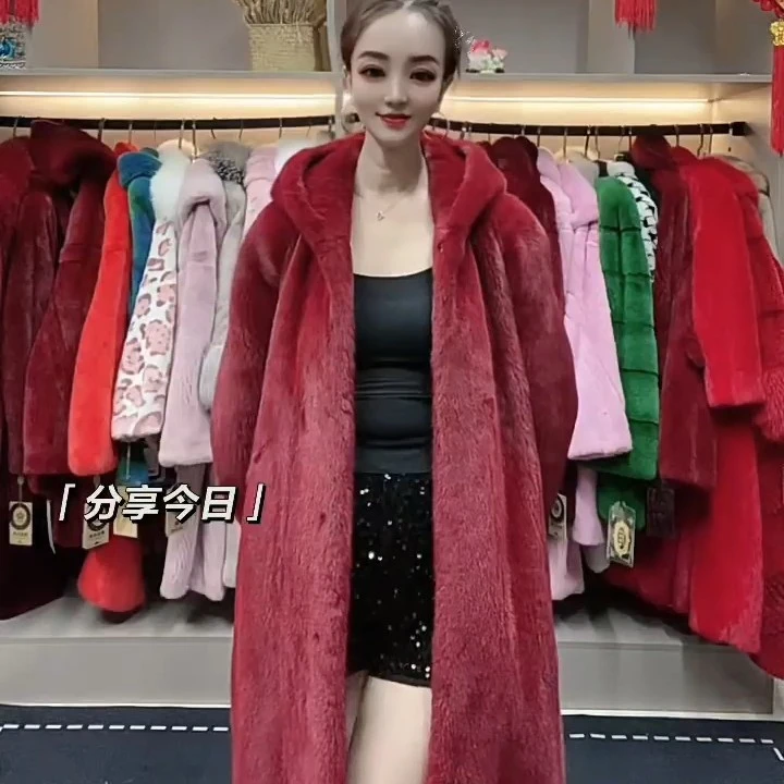 红色长款貂皮大衣女连帽时尚廓形进口水貂毛皮草外套2025冬季新款