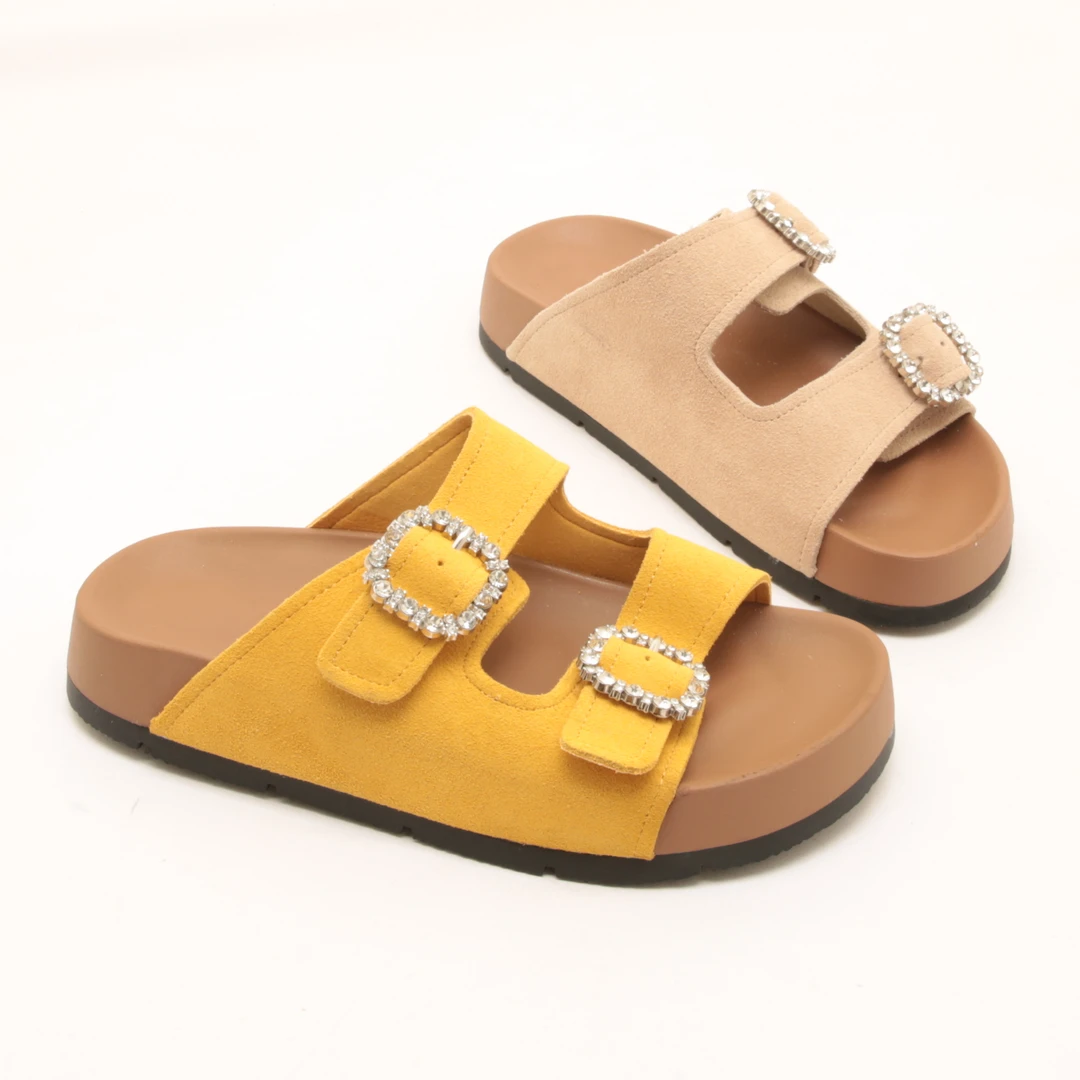 6886夏季新款双扣勃肯拖鞋女外穿厚底时尚水钻凉拖软底沙滩一字拖