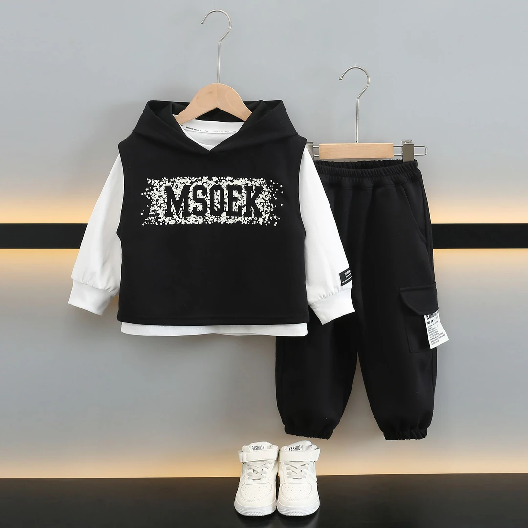 男童春秋休闲马甲卫衣三件套2025新款潮中小童帅气百搭春季套装潮