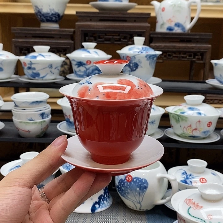 纯手绘龙船花盖碗釉下彩高温微瑕浮力