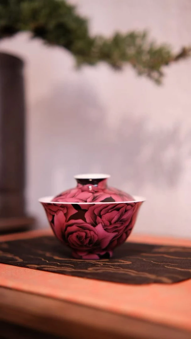《梦乔茶器》雅圣景德镇手工手绘永生玫瑰花盖碗釉上彩高温高端窑口