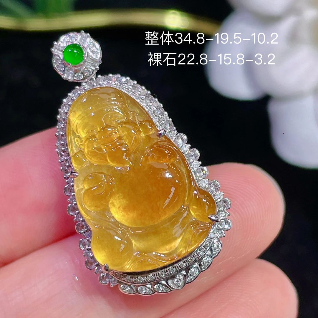 高端翡翠天然缅甸A货18k金镶嵌钻石冰黄翡财神爷吊坠
