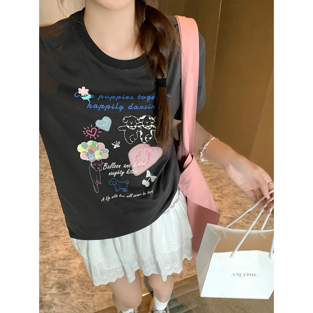 韩11卡通印花减龄圆领T恤女设计感宽松百搭显瘦小个子上衣