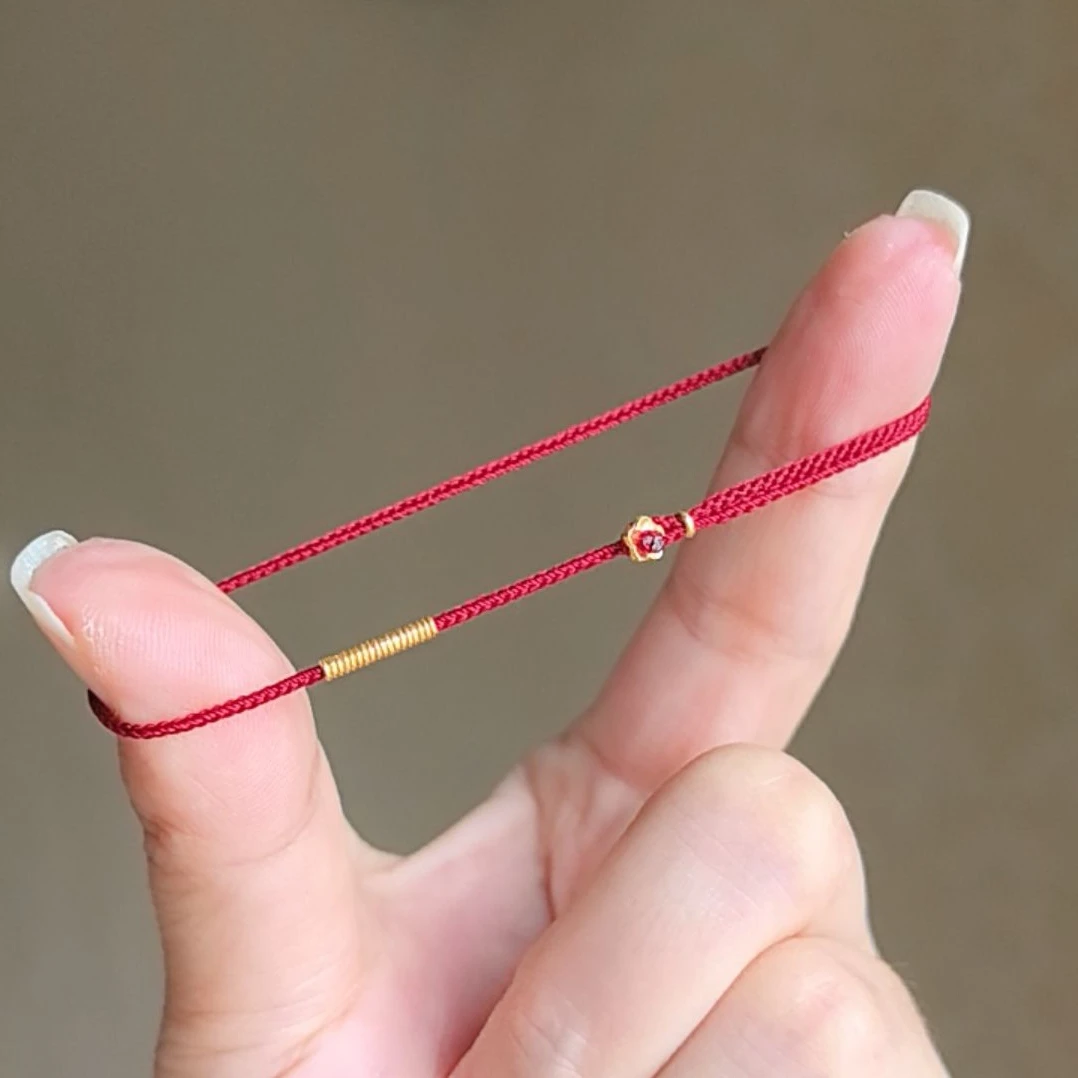 《桃花旺》足金999桃花扣红色编织时尚百搭休闲手绳红绳脚链